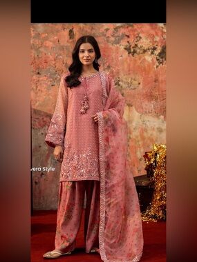 Embroidered Pink Floral Women's Dress Set